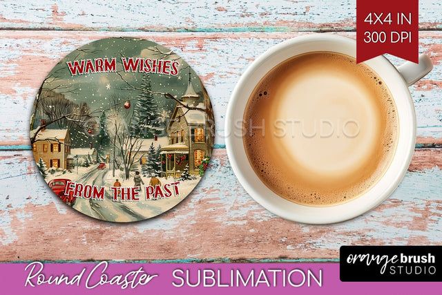 Retro Christmas Round Coaster - Xmas Coaster Sublimation Sublimation OrangeBrushStudio 