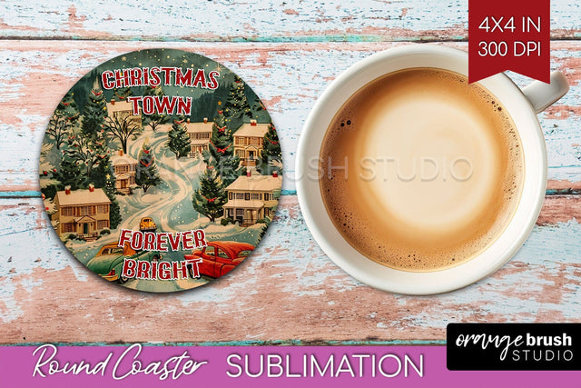 Retro Christmas Round Coaster - Xmas Coaster Sublimation Sublimation OrangeBrushStudio 