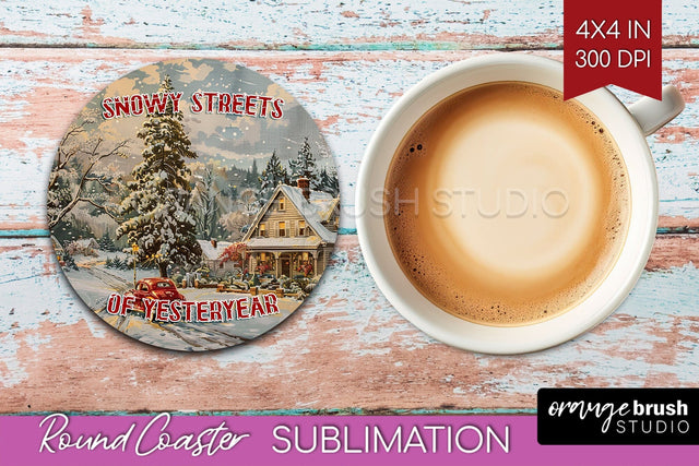 Retro Christmas Round Coaster - Xmas Coaster Sublimation Sublimation OrangeBrushStudio 