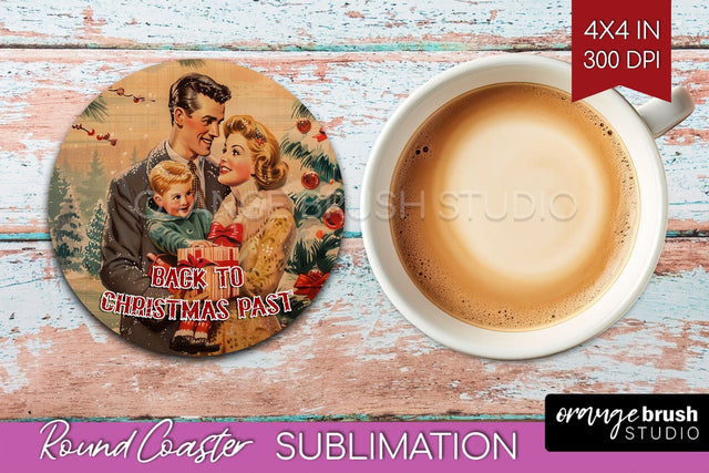 Retro Christmas Round Coaster - Xmas Coaster Sublimation Sublimation OrangeBrushStudio 