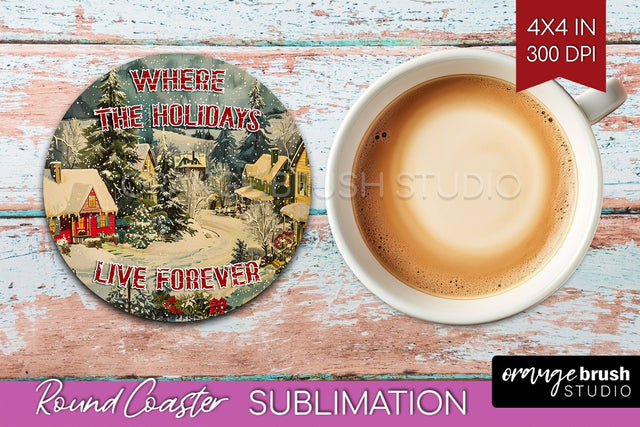 Retro Christmas Round Coaster - Xmas Coaster Sublimation Sublimation OrangeBrushStudio 