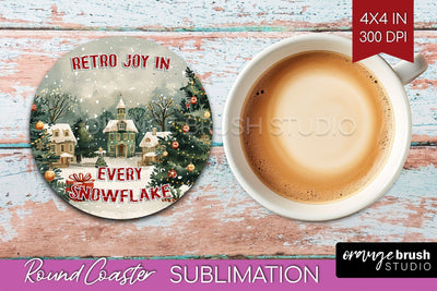 Retro Christmas Round Coaster - Xmas Coaster Sublimation Sublimation OrangeBrushStudio 