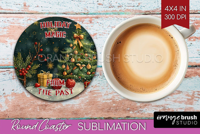 Retro Christmas Round Coaster - Xmas Coaster Sublimation Sublimation OrangeBrushStudio 