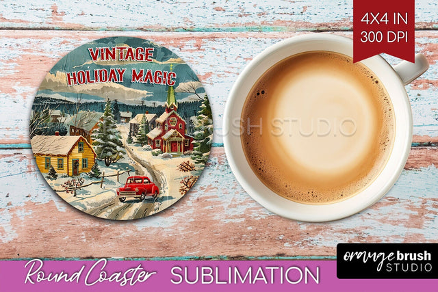 Retro Christmas Round Coaster - Xmas Coaster Sublimation Sublimation OrangeBrushStudio 