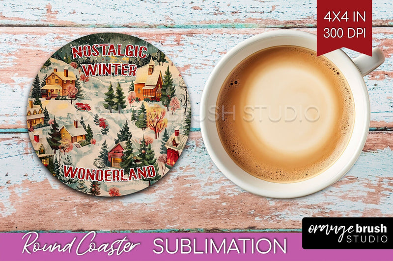 Retro Christmas Round Coaster - Xmas Coaster Sublimation Sublimation OrangeBrushStudio 