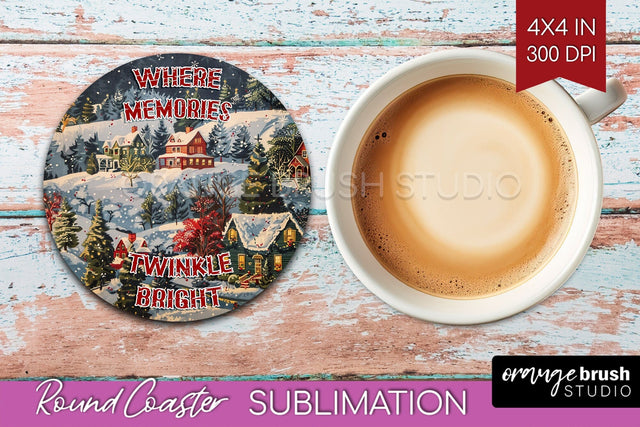 Retro Christmas Round Coaster - Xmas Coaster Sublimation Sublimation OrangeBrushStudio 
