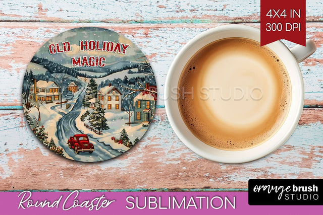Retro Christmas Round Coaster - Xmas Coaster Sublimation Sublimation OrangeBrushStudio 
