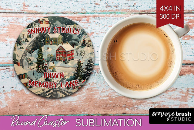 Retro Christmas Round Coaster - Xmas Coaster Sublimation Sublimation OrangeBrushStudio 