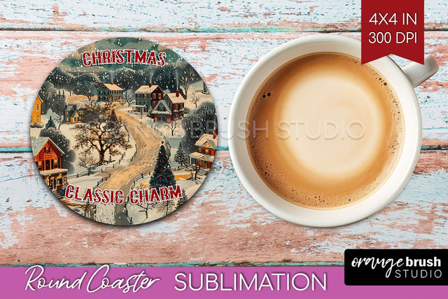 Retro Christmas Round Coaster - Xmas Coaster Sublimation Sublimation OrangeBrushStudio 
