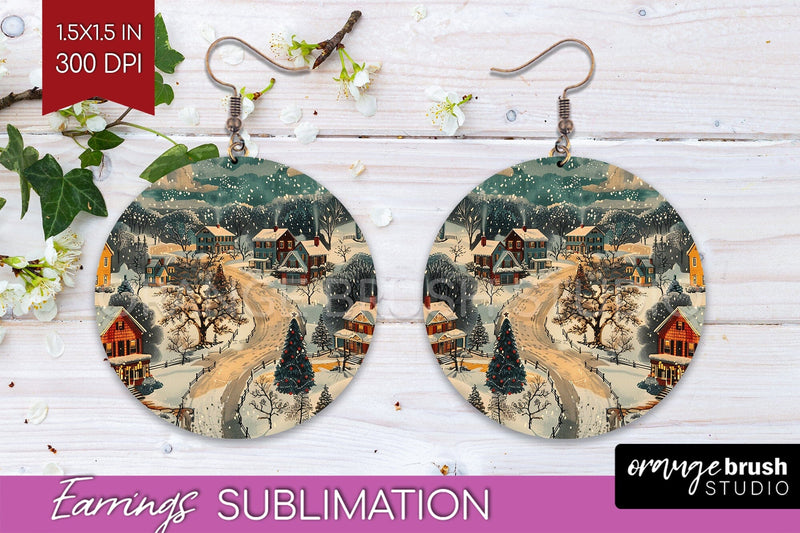 Retro Christmas Round Earrings - Xmas Holiday Sublimation Sublimation OrangeBrushStudio 