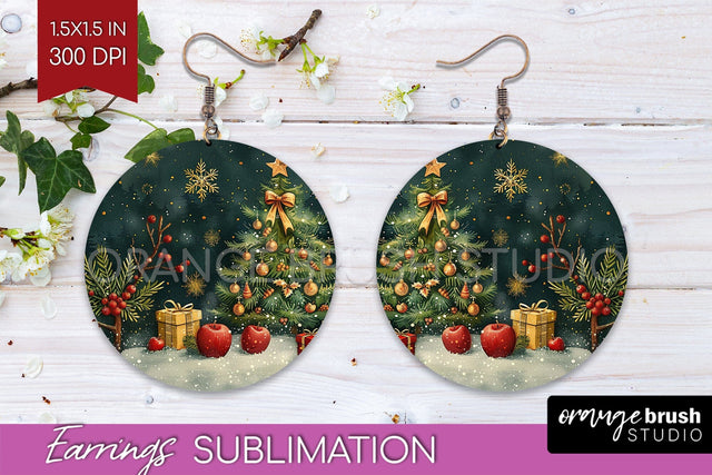 Retro Christmas Round Earrings - Xmas Holiday Sublimation Sublimation OrangeBrushStudio 