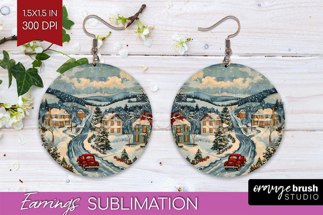 Retro Christmas Round Earrings - Xmas Holiday Sublimation Sublimation OrangeBrushStudio 