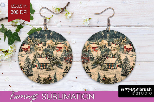 Retro Christmas Round Earrings - Xmas Holiday Sublimation Sublimation OrangeBrushStudio 