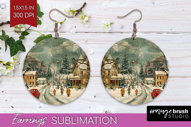 Retro Christmas Round Earrings - Xmas Holiday Sublimation Sublimation OrangeBrushStudio 