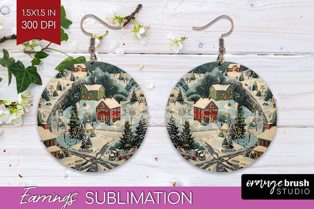 Retro Christmas Round Earrings - Xmas Holiday Sublimation Sublimation OrangeBrushStudio 