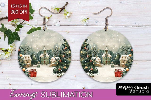 Retro Christmas Round Earrings - Xmas Holiday Sublimation Sublimation OrangeBrushStudio 