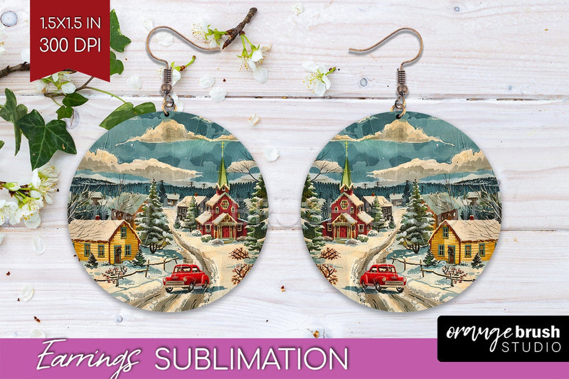 Retro Christmas Round Earrings - Xmas Holiday Sublimation Sublimation OrangeBrushStudio 