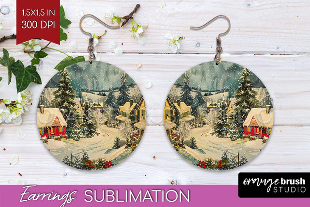Retro Christmas Round Earrings - Xmas Holiday Sublimation Sublimation OrangeBrushStudio 
