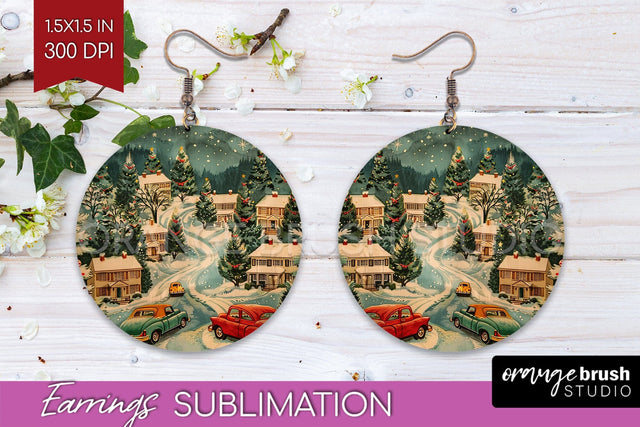 Retro Christmas Round Earrings - Xmas Holiday Sublimation Sublimation OrangeBrushStudio 