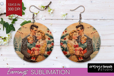 Retro Christmas Round Earrings - Xmas Holiday Sublimation Sublimation OrangeBrushStudio 