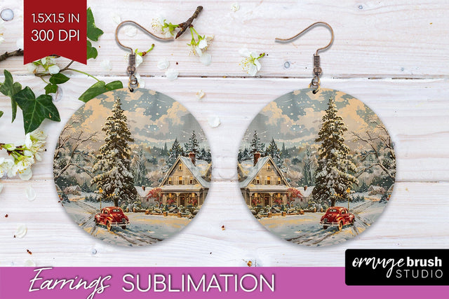 Retro Christmas Round Earrings - Xmas Holiday Sublimation Sublimation OrangeBrushStudio 