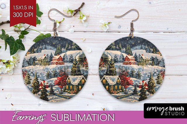 Retro Christmas Round Earrings - Xmas Holiday Sublimation Sublimation OrangeBrushStudio 