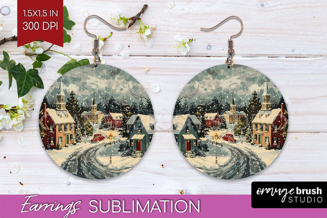 Retro Christmas Round Earrings - Xmas Holiday Sublimation Sublimation OrangeBrushStudio 