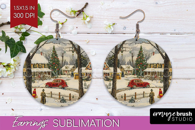 Retro Christmas Round Earrings - Xmas Holiday Sublimation Sublimation OrangeBrushStudio 