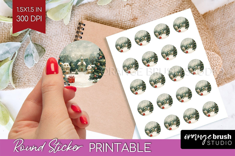 Retro Christmas Round Sticker - Xmas Printable Stickers Sublimation OrangeBrushStudio 