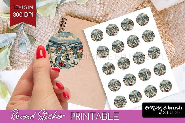 Retro Christmas Round Sticker - Xmas Printable Stickers Sublimation OrangeBrushStudio 