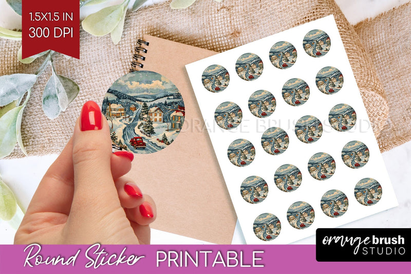Retro Christmas Round Sticker - Xmas Printable Stickers Sublimation OrangeBrushStudio 