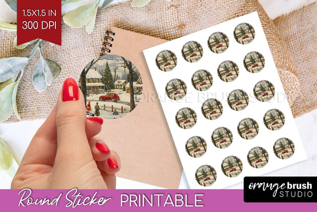 Retro Christmas Round Sticker - Xmas Printable Stickers Sublimation OrangeBrushStudio 
