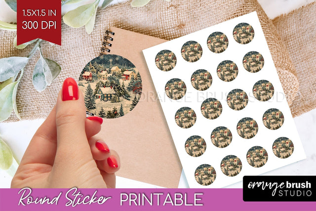 Retro Christmas Round Sticker - Xmas Printable Stickers Sublimation OrangeBrushStudio 