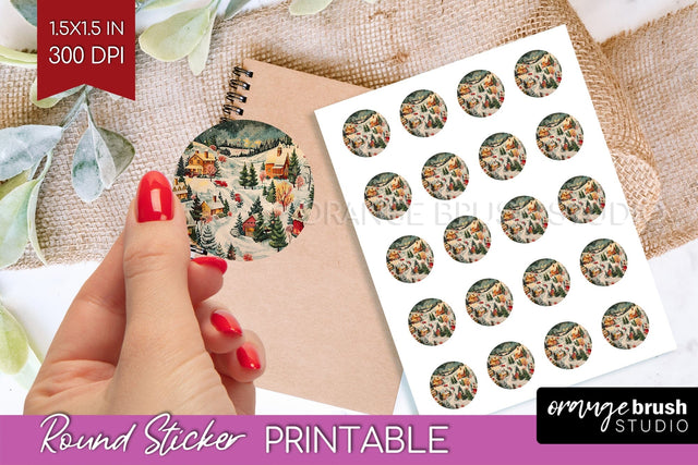 Retro Christmas Round Sticker - Xmas Printable Stickers Sublimation OrangeBrushStudio 