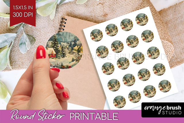Retro Christmas Round Sticker - Xmas Printable Stickers Sublimation OrangeBrushStudio 