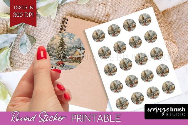 Retro Christmas Round Sticker - Xmas Printable Stickers Sublimation OrangeBrushStudio 