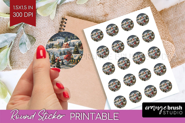Retro Christmas Round Sticker - Xmas Printable Stickers Sublimation OrangeBrushStudio 