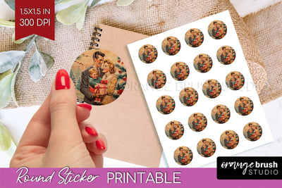 Retro Christmas Round Sticker - Xmas Printable Stickers Sublimation OrangeBrushStudio 