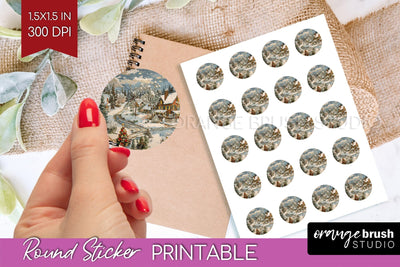 Retro Christmas Round Sticker - Xmas Printable Stickers Sublimation OrangeBrushStudio 