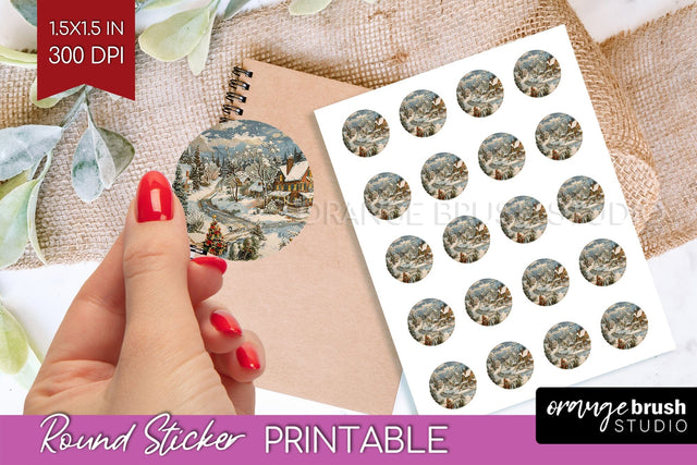 Retro Christmas Round Sticker - Xmas Printable Stickers Sublimation OrangeBrushStudio 