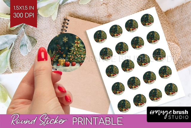 Retro Christmas Round Sticker - Xmas Printable Stickers Sublimation OrangeBrushStudio 