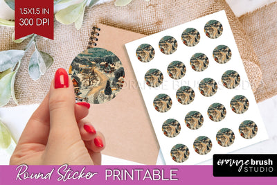 Retro Christmas Round Sticker - Xmas Printable Stickers Sublimation OrangeBrushStudio 