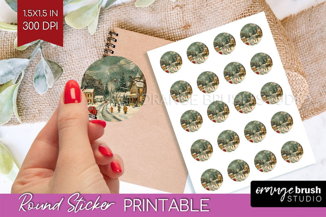 Retro Christmas Round Sticker - Xmas Printable Stickers Sublimation OrangeBrushStudio 