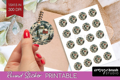 Retro Christmas Round Sticker - Xmas Printable Stickers Sublimation OrangeBrushStudio 