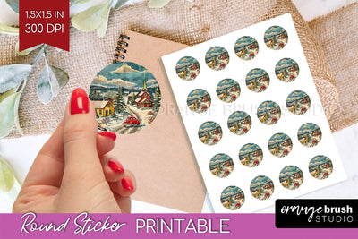 Retro Christmas Round Sticker - Xmas Printable Stickers Sublimation OrangeBrushStudio 