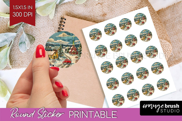 Retro Christmas Round Sticker - Xmas Printable Stickers Sublimation OrangeBrushStudio 