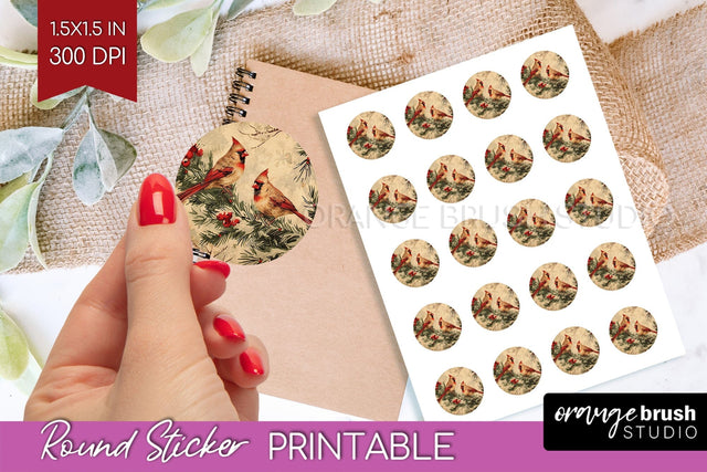 Retro Christmas Round Sticker - Xmas Printable Stickers Sublimation OrangeBrushStudio 