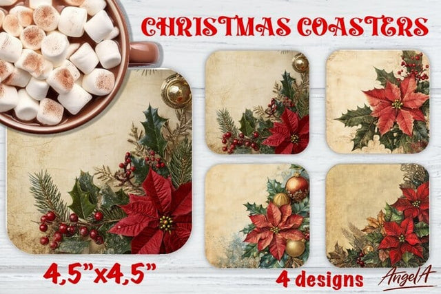 Retro Christmas Square coaster, poinsettia, floral coaster Sublimation Angelina Semenova 