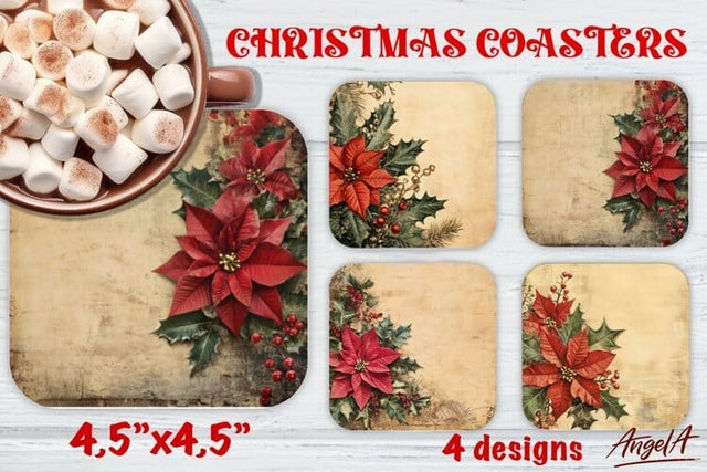 Retro Christmas Square coaster, retro floral coaster Sublimation Angelina Semenova 
