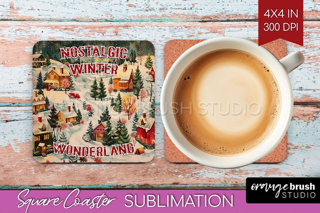 Retro Christmas Square Coaster - Xmas Coaster Sublimation Sublimation OrangeBrushStudio 